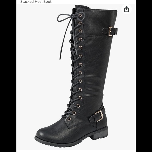 Shoes - Women's Strappy Lace-Up Knee High Combat Stacked Heel Boot